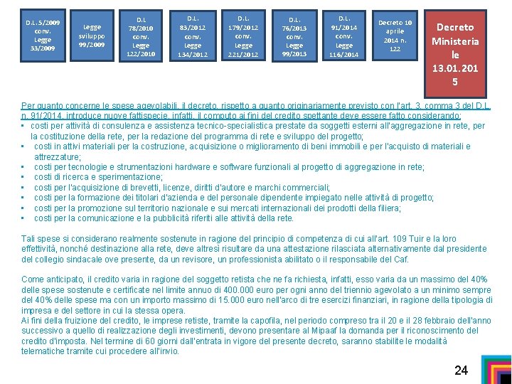 D. L. 5/2009 conv. Legge 33/2009 Legge sviluppo 99/2009 D. L 78/2010 conv. Legge
