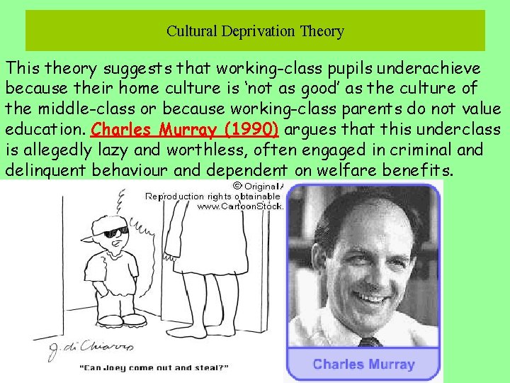 Cultural Deprivation Theory This theory suggests that working-class pupils underachieve because their home culture