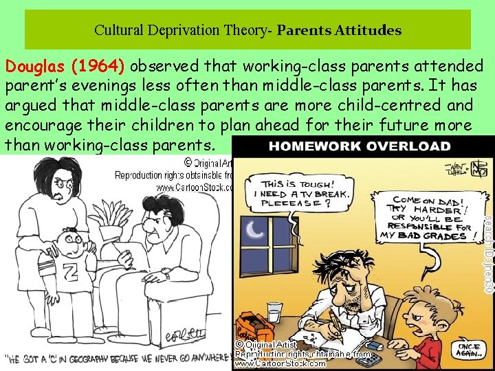 Cultural Deprivation Theory- Parents Attitudes Douglas (1964) observed that working-class parents attended parent’s evenings