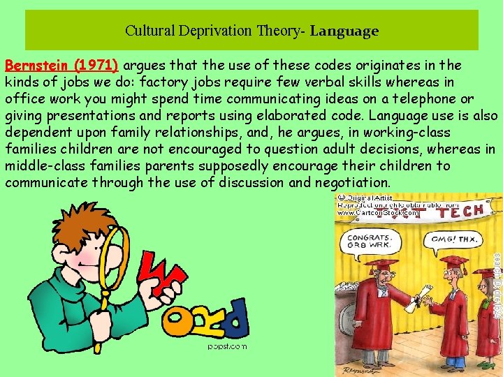 Cultural Deprivation Theory- Language Bernstein (1971) argues that the use of these codes originates