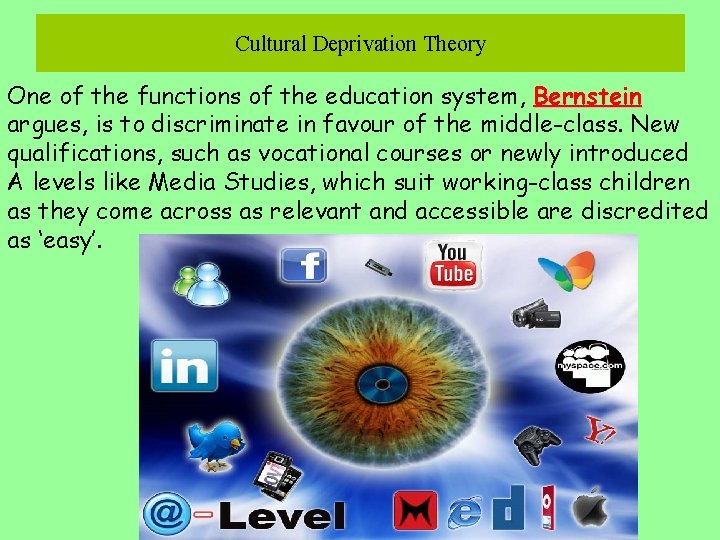 Cultural Deprivation Theory One of the functions of the education system, Bernstein argues, is