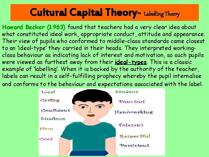 Cultural Capital Theory- Labelling Theory Howard Becker (1963) found that teachers had a very