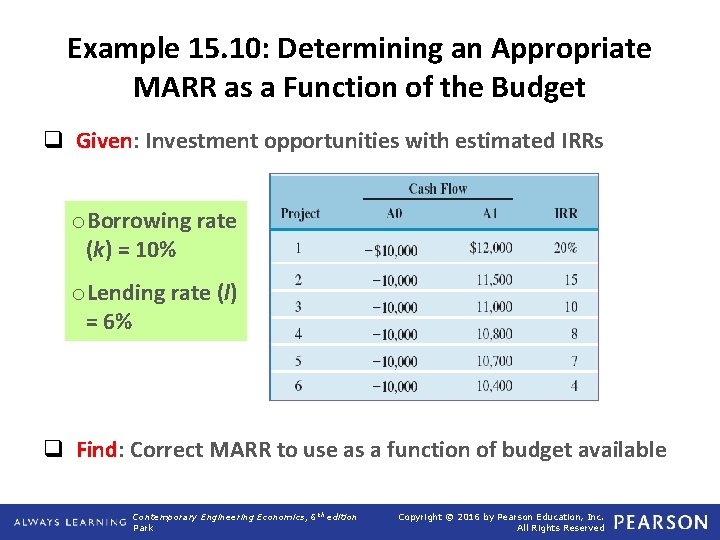 Example 15. 10: Determining an Appropriate MARR as a Function of the Budget q