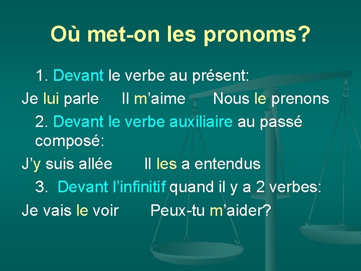 Où met-on les pronoms? 1. Devant le verbe au présent: Je lui parle Il