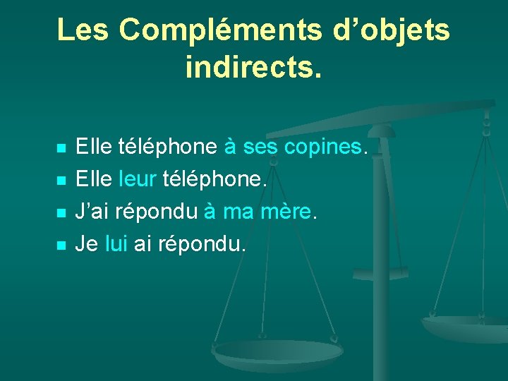 Les Compléments d’objets indirects. n n Elle téléphone à ses copines. Elle leur téléphone.