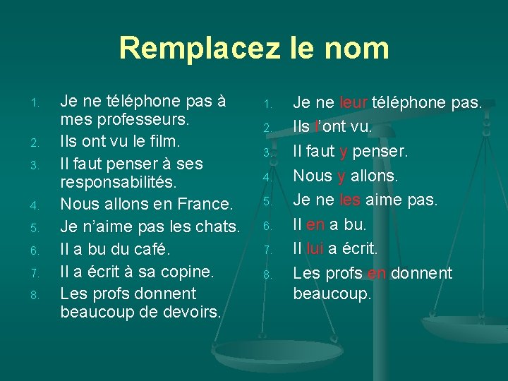 Remplacez le nom 1. 2. 3. 4. 5. 6. 7. 8. Je ne téléphone