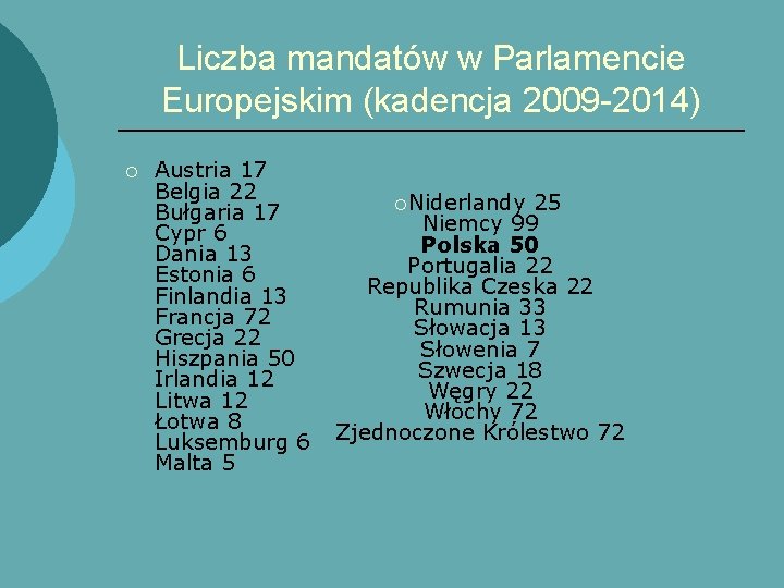 Liczba mandatów w Parlamencie Europejskim (kadencja 2009 -2014) ¡ Austria 17 Belgia 22 ¡Niderlandy