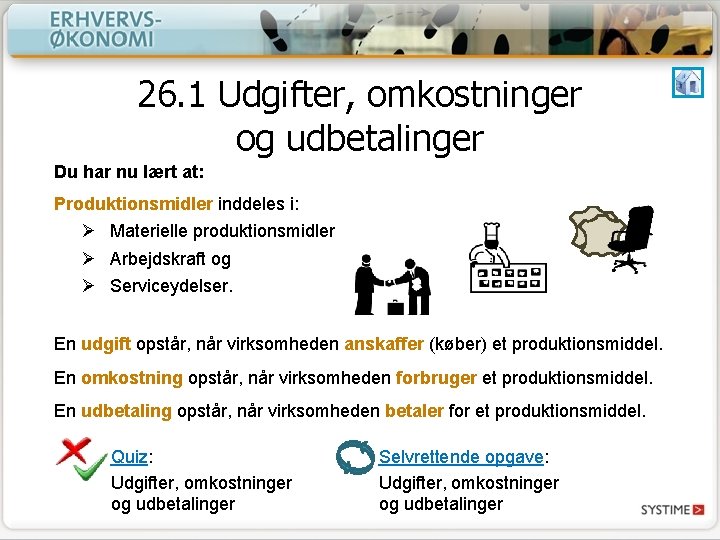 26. 1 Udgifter, omkostninger og udbetalinger Du har nu lært at: Produktionsmidler inddeles i: