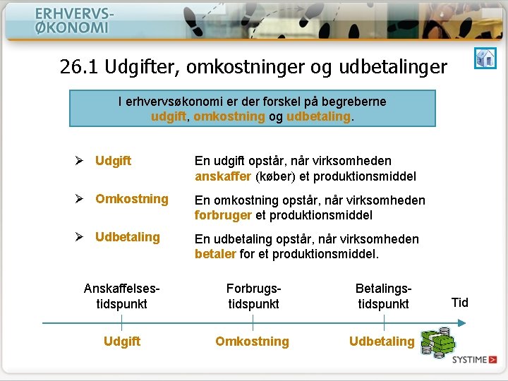 26. 1 Udgifter, omkostninger og udbetalinger I erhvervsøkonomi er der forskel på begreberne udgift,