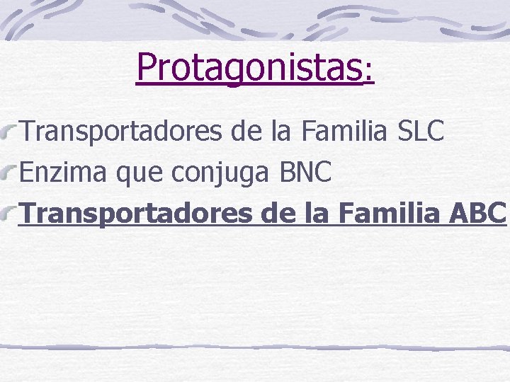 Protagonistas: Transportadores de la Familia SLC Enzima que conjuga BNC Transportadores de la Familia