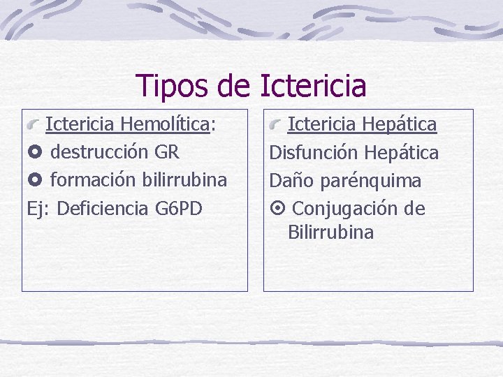 Tipos de Ictericia Hemolítica: destrucción GR formación bilirrubina Ej: Deficiencia G 6 PD Ictericia