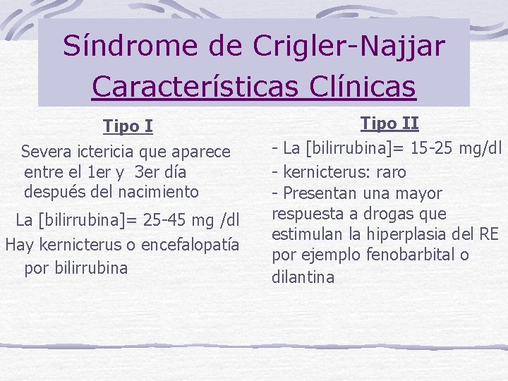Síndrome de Crigler-Najjar Características Clínicas Tipo I Severa ictericia que aparece entre el 1