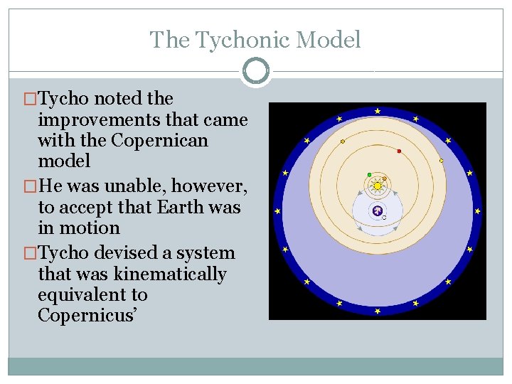 The Tychonic Model �Tycho noted the improvements that came with the Copernican model �He The Tychonic Model �Tycho noted the improvements that came with the Copernican model �He