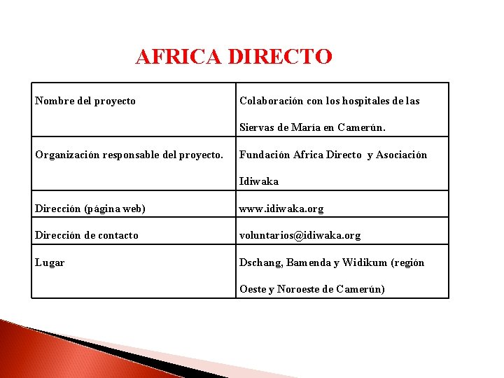 AFRICA DIRECTO Nombre del proyecto Colaboración con los hospitales de las Siervas de María