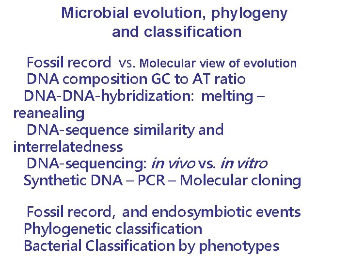 Microbial evolution, phylogeny and classification Fossil record vs. Molecular view of evolution DNA composition