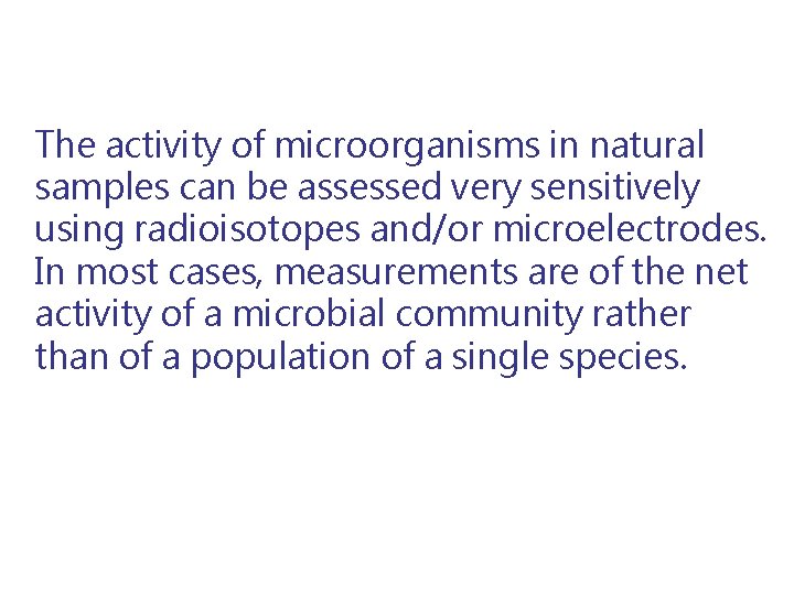 The activity of microorganisms in natural samples can be assessed very sensitively using radioisotopes