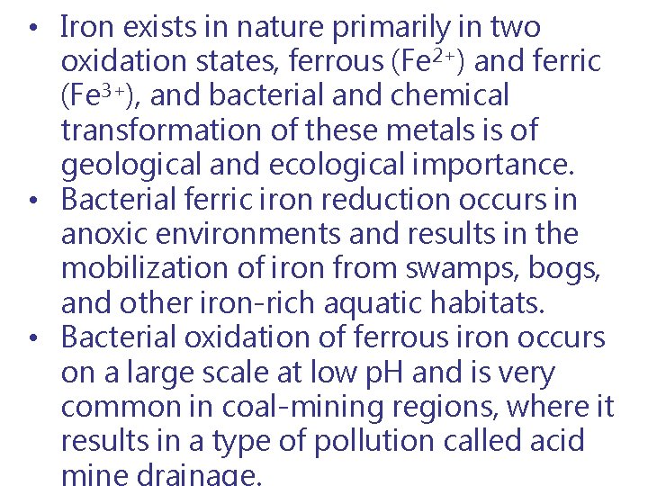  • Iron exists in nature primarily in two oxidation states, ferrous (Fe 2+)