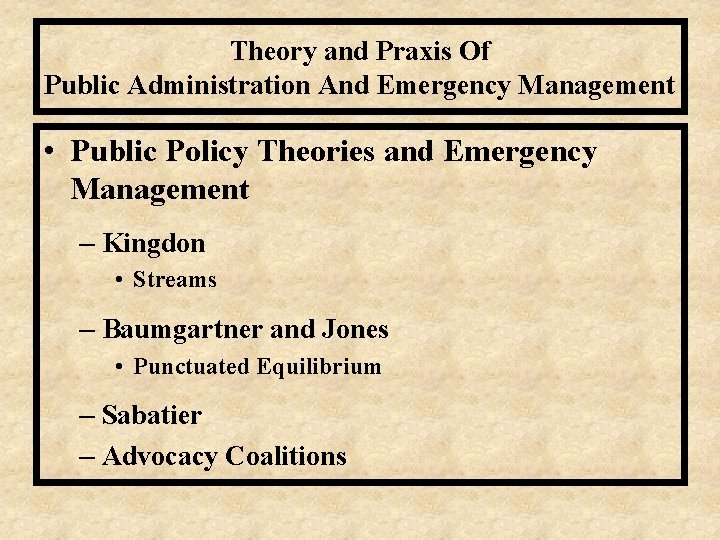 Theory and Praxis Of Public Administration And Emergency Management • Public Policy Theories and