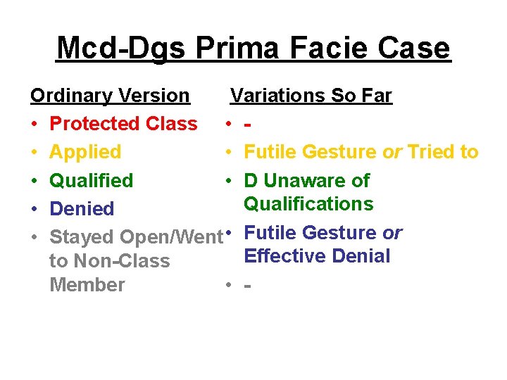 Mcd-Dgs Prima Facie Case Ordinary Version Variations So Far • Protected Class • •