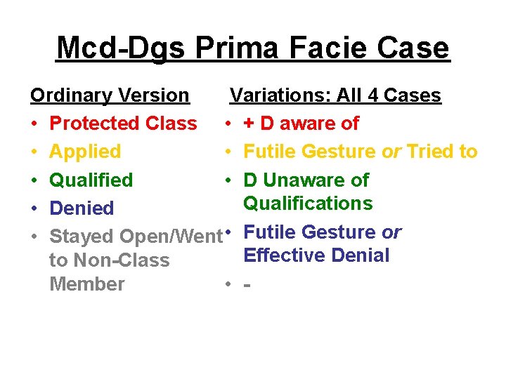 Mcd-Dgs Prima Facie Case Ordinary Version Variations: All 4 Cases • Protected Class •