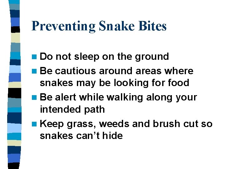 Preventing Snake Bites n Do not sleep on the ground n Be cautious around