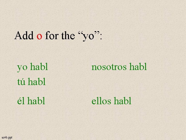 Add o for the “yo”: arvb. ppt yo habl tú habl nosotros habl él