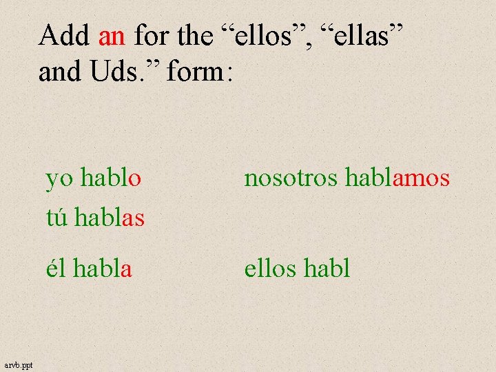 Add an for the “ellos”, “ellas” and Uds. ” form: arvb. ppt yo hablo