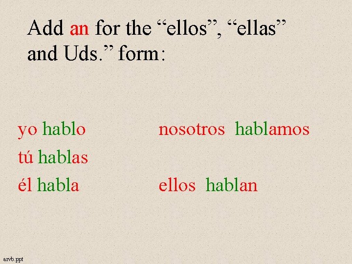 Add an for the “ellos”, “ellas” and Uds. ” form: yo hablo tú hablas