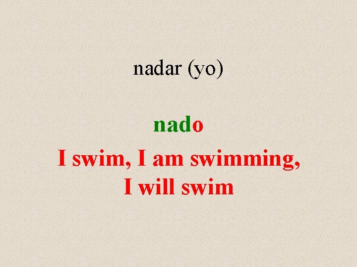 nadar (yo) nado I swim, I am swimming, I will swim 