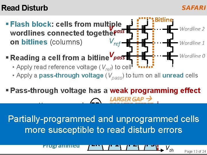 Read Disturb Bitline § Flash block: cells from multiple Vpass wordlines connected together Vref