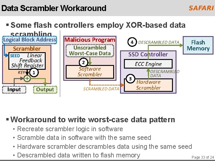 Data Scrambler Workaround § Some flash controllers employ XOR-based data scrambling Logical Block Address