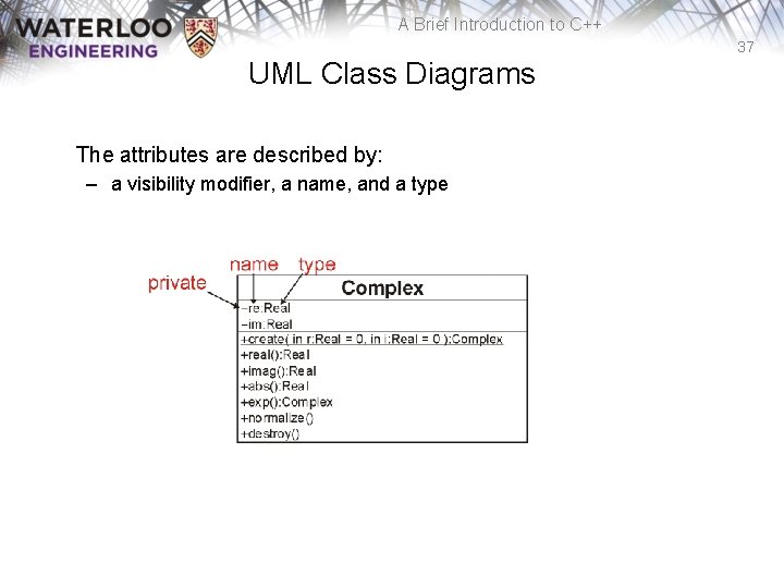 A Brief Introduction to C++ 37 UML Class Diagrams The attributes are described by: