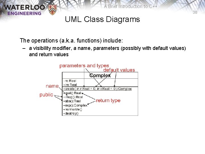 A Brief Introduction to C++ 38 UML Class Diagrams The operations (a. k. a.