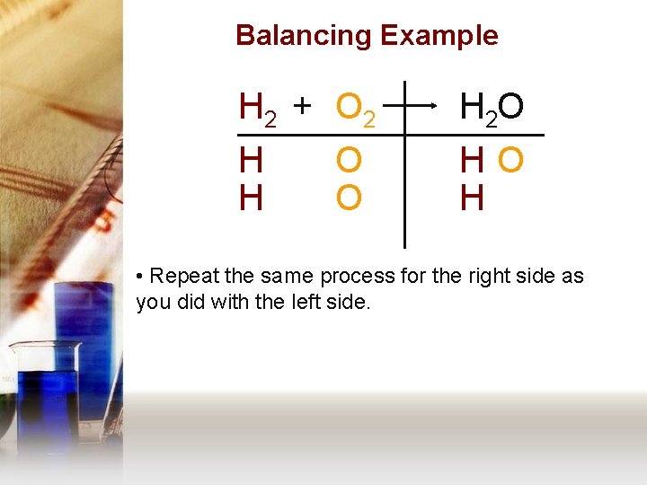 Balancing Example H 2 + O 2 H 2 O H H HO H