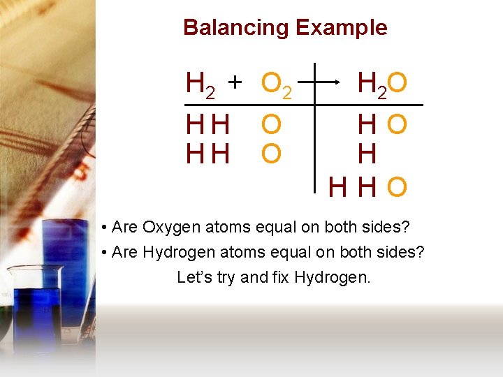 Balancing Example H 2 + O 2 HH HH O O H 2 O