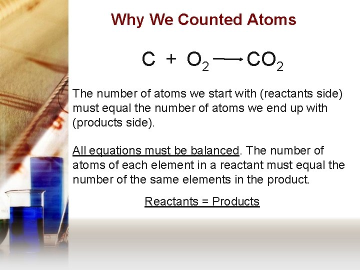 Why We Counted Atoms C + O 2 CO 2 The number of atoms
