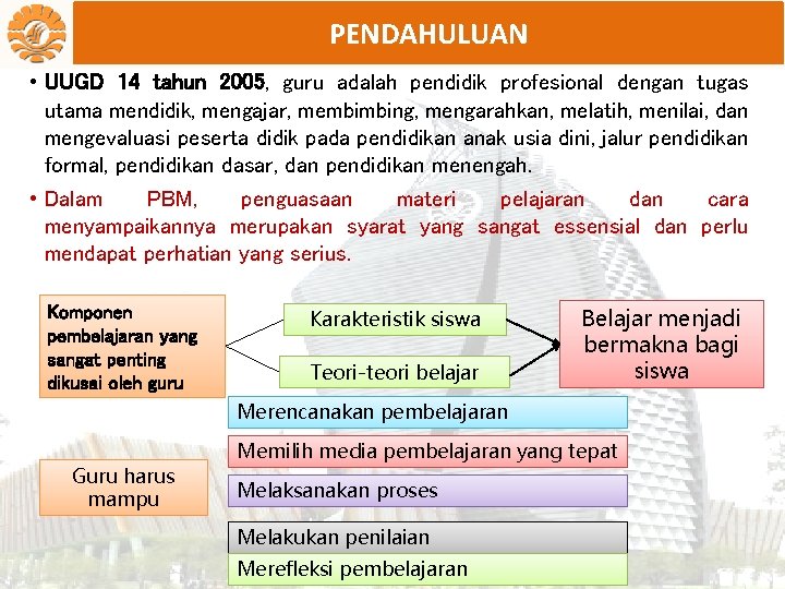 PENDAHULUAN • UUGD 14 tahun 2005, guru adalah pendidik profesional dengan tugas utama mendidik,