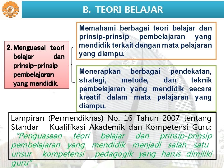 B. TEORI BELAJAR 2. Menguasai teori belajar dan prinsip-prinsip pembelajaran yang mendidik. Memahami berbagai