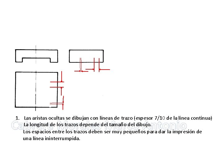 1. Las aristas ocultas se dibujan con líneas de trazo (espesor 7/10 de la 1. Las aristas ocultas se dibujan con líneas de trazo (espesor 7/10 de la