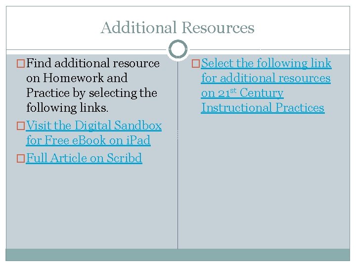 Additional Resources �Find additional resource �Select the following link on Homework and Practice by