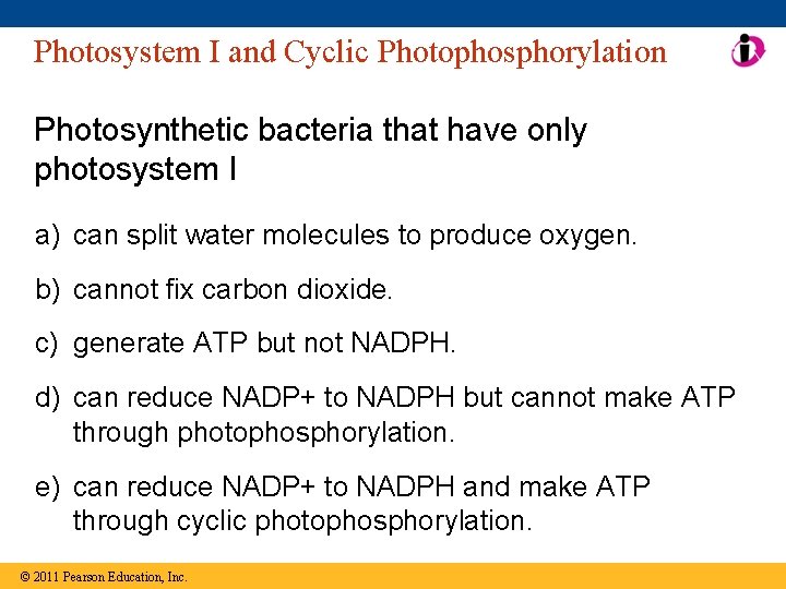Photosystem I and Cyclic Photophosphorylation Photosynthetic bacteria that have only photosystem I a) can