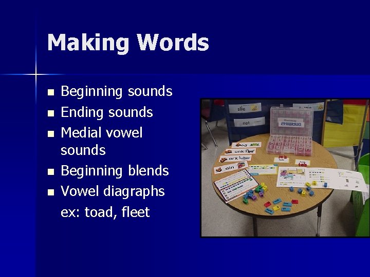 Making Words n n n Beginning sounds Ending sounds Medial vowel sounds Beginning blends