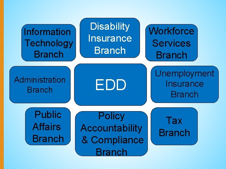 Information Technology Branch Administration Branch Public Affairs Branch Disability Insurance Branch EDD Policy Accountability