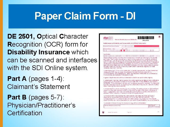 Paper Claim Form - DI DE 2501, Optical Character Recognition (OCR) form for Disability