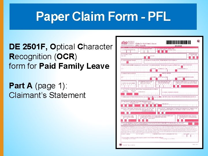 Paper Claim Form - PFL DE 2501 F, Optical Character Recognition (OCR) form for