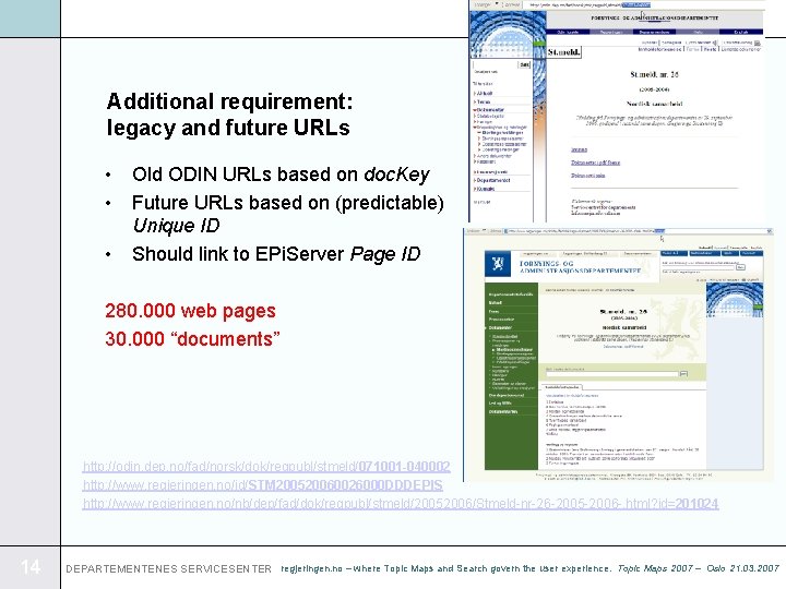 Additional requirement: legacy and future URLs • Old ODIN URLs based on doc. Key