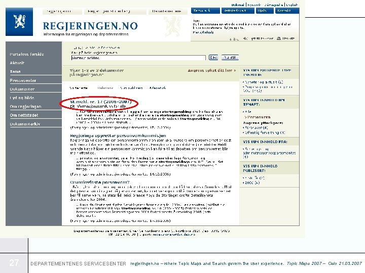 Example: Search result - St. meld. 17 27 DEPARTEMENTENES SERVICESENTER regjeringen. no – where