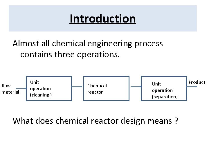 Introduction Almost all chemical engineering process contains three operations. Raw material Unit operation (cleaning