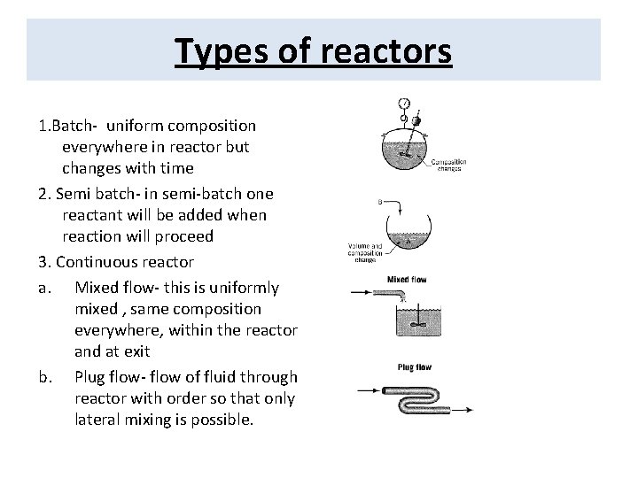Types of reactors 1. Batch- uniform composition everywhere in reactor but changes with time