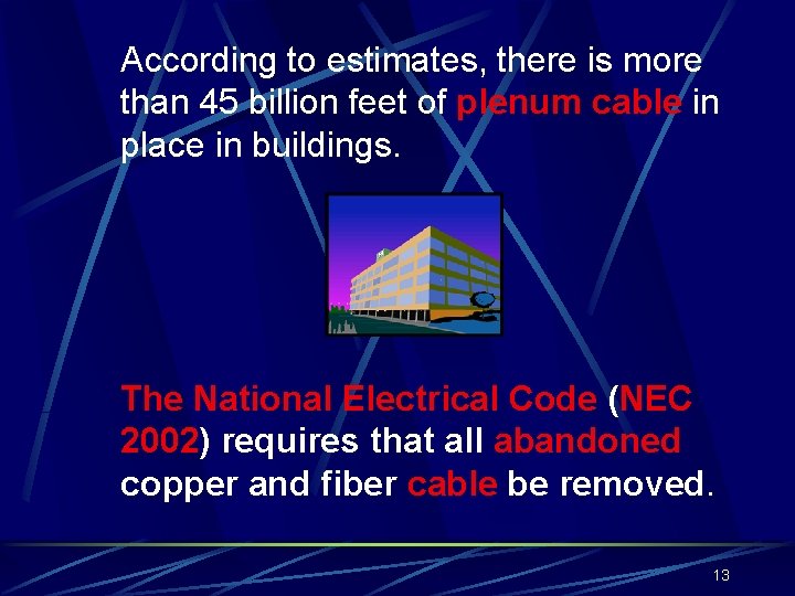 According to estimates, there is more than 45 billion feet of plenum cable in